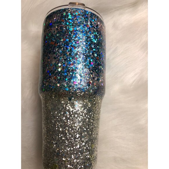 Alcohol Ink Tumbler 30 oz Stainless Steel Insulated Travel Mug Blue & Silver Cup - Picture 4 of 10